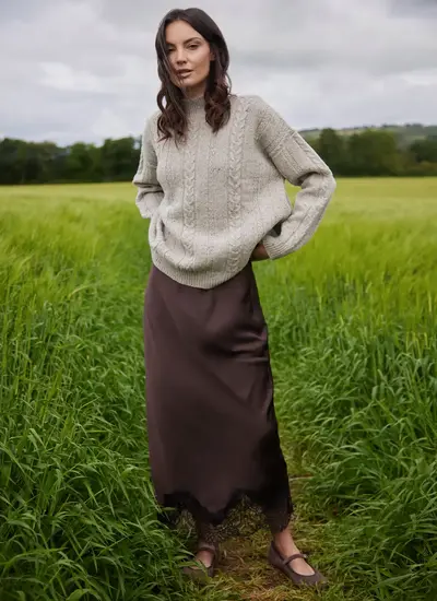 Cara Wool Cashmere Cable Turtleneck in Beige